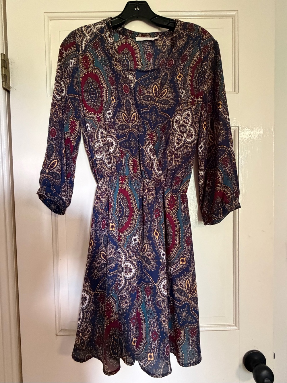 Lush Navy Paisley Midi Dress with Burgundy and Teal Accents